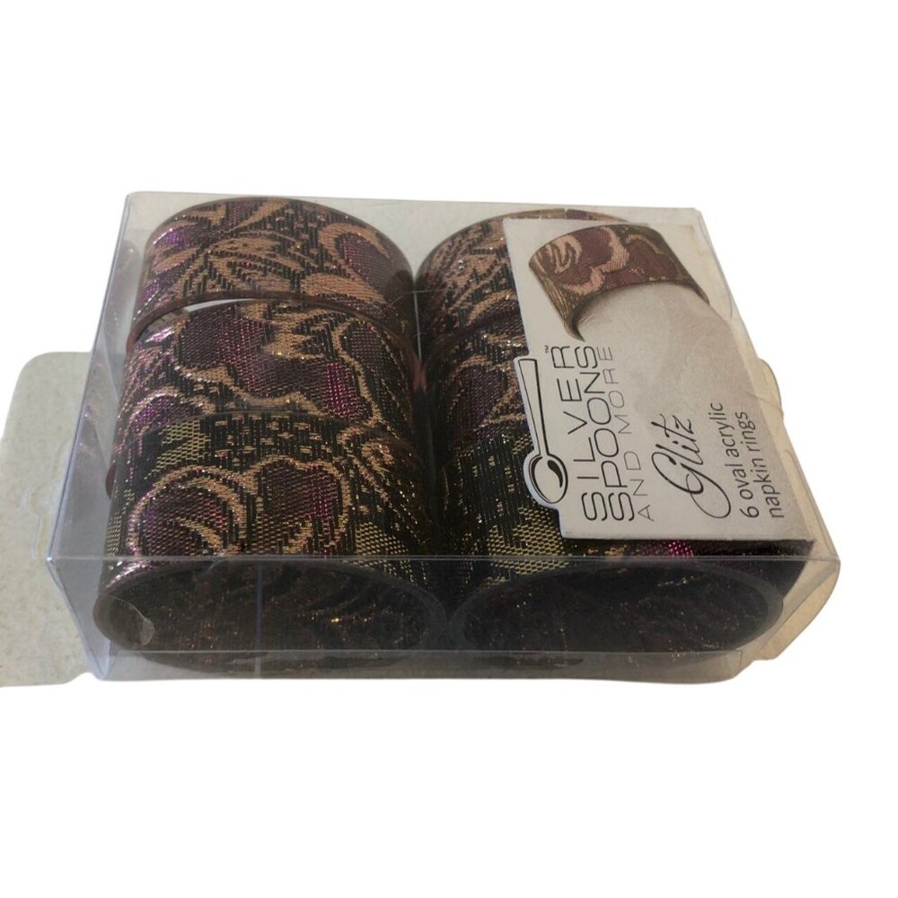 Silver Spoons Napkin Rings Set Of 6 Oval Acrylic Burgandy Gold Glitz Boxed - Picture 6 of 8